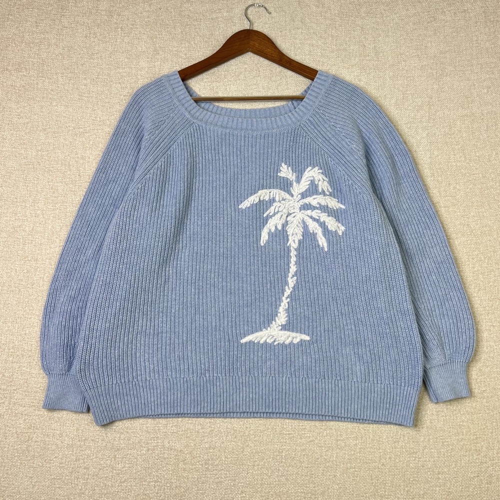 Tommy Bahama Women's Medium Blue Knit Sweater Palm Tree Beach Embroidered Size M